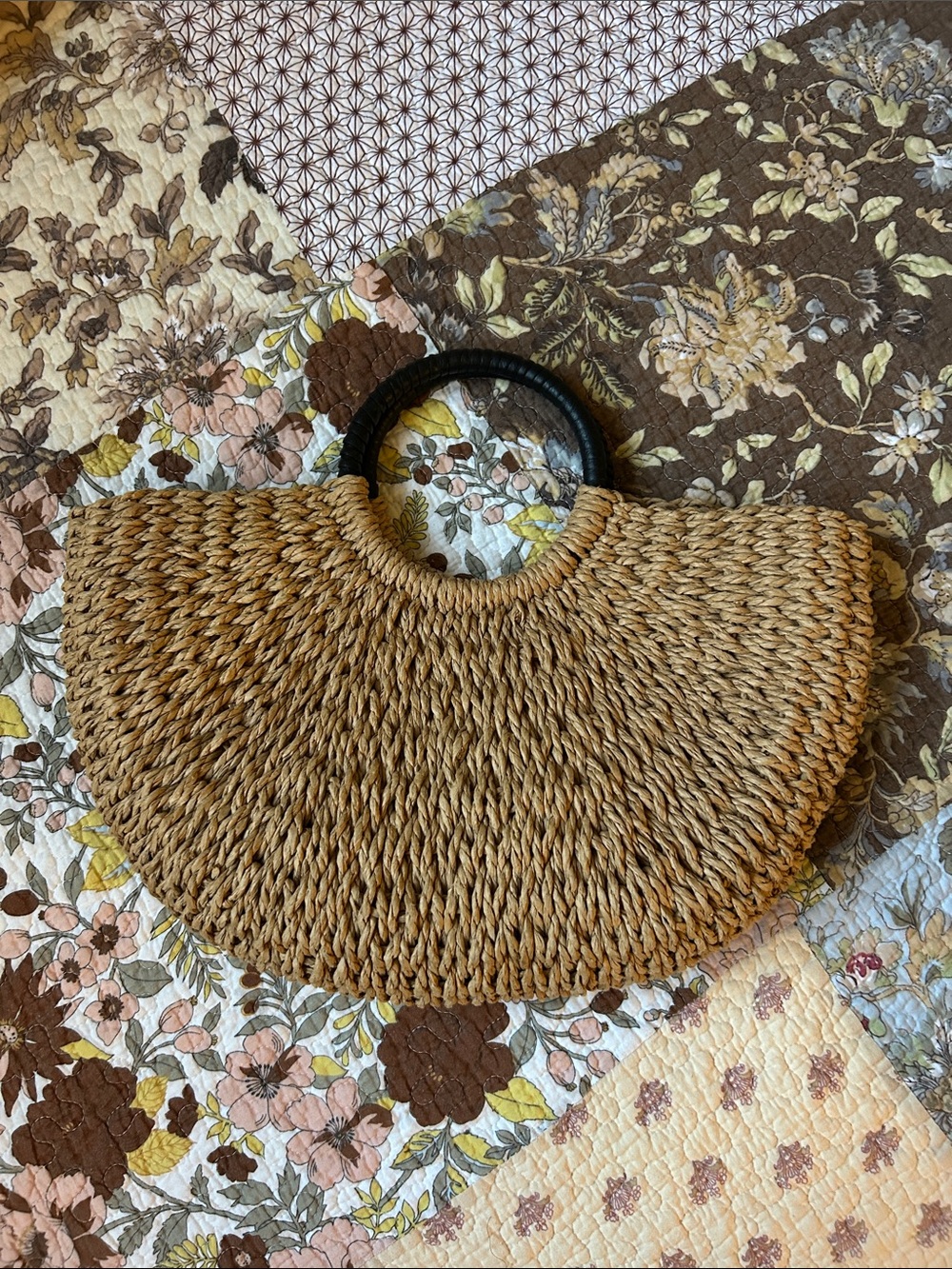Straw Tote Bag with Black Round Handles